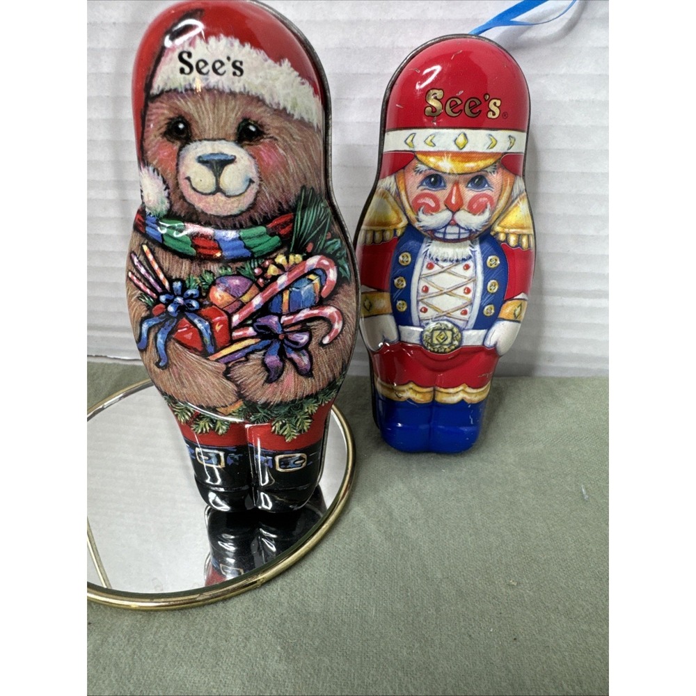 Sees Bear 1997 + Nutcracker  1996 Candy Shop Tin Christmas Ornament 5"